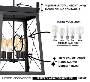 An image of the luxury UHP3921 Industrial Chandelier 21''H x 15.5''W, Midnight Black Finish, Berkeley Collection by Urban Ambiance with unique lighting fixture design.