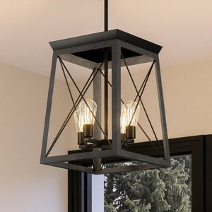 A unique UHP3921 Industrial Chandelier 21''H x 15.5''W, Midnight Black Finish, Berkeley Collection by Urban Ambiance hanging over a window.