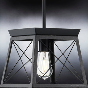 A gorgeous lighting fixture from the Berkeley Collection, the Urban Ambiance UHP3922 Industrial Pendant features a Midnight Black finish and includes a light bulb inside.