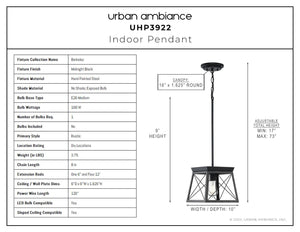 A gorgeous diagram showing the dimensions of a beautiful Urban Ambiance UHP3922 Industrial Pendant 9''H x 10''W, Midnight Black Finish, Berkeley Collection lamp.