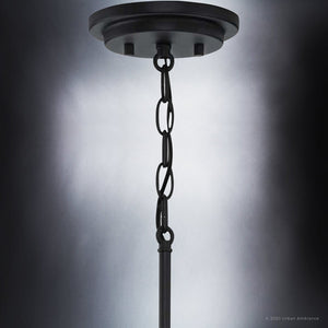 An Urban Ambiance UHP3922 Industrial Pendant 9''H x 10''W, Midnight Black Finish, Berkeley Collection luxury lighting fixture with a chain hanging from it.