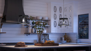 A kitchen with white cabinets and wooden counter tops, featuring the UHP3922 Industrial Pendant 9''H x 10''W, Midnight Black Finish lighting fixture from the Berkeley Collection by Urban Amb