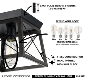 A gorgeous lighting fixture from the Berkeley Collection by Urban Ambiance, showcasing the UHP3923 Industrial Ceiling Light with Midnight Black Finish and instructions.