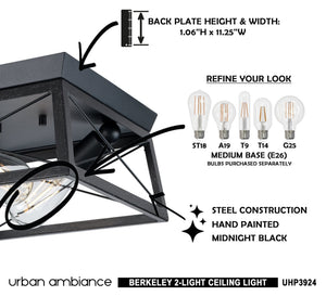 A picture of a unique and gorgeous Urban Ambiance UHP3924 Industrial Ceiling Light 6''H x 12''W, Midnight Black Finish, Berkeley Collection with instructions on how to