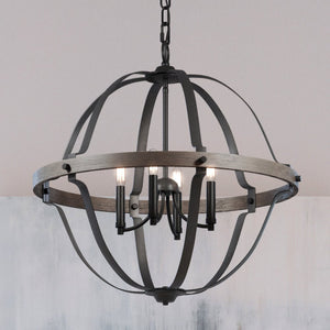 A beautiful UHP3930 Farmhouse Chandelier, a luxury lighting fixture from the Maryborough Collection by Urban Ambiance, featuring a Midnight Black Finish and three lights hanging from it.