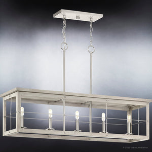 An Urban Ambiance UHP3950 Modern Farmhouse Chandelier 11''H x 40''W, Brushed Nickel Finish, Ballina Collection with a beautiful metal frame.