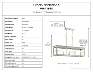 A diagram showcasing the dimensions of the Urban Ambiance UHP3950 Modern Farmhouse Chandelier, a beautiful lighting fixture.