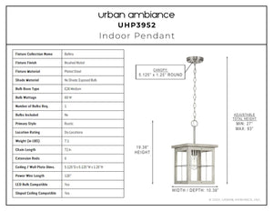 A diagram showing the dimensions of the unique Urban Ambiance UHP3952 Modern Farmhouse Pendant 19.375''H x 10.375''W lighting fixture.