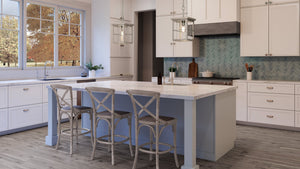 A beautiful 3D rendering of a kitchen with unique lighting fixtures - the UHP3952 Modern Farmhouse Pendant from Urban Ambiance's Ballina Collection in a brushed nickel finish.