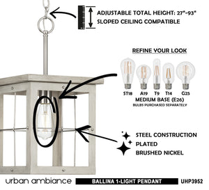 A gorgeous Modern Farmhouse Pendant 19.375''H x 10.375''W light fixture with a Brushed Nickel Finish and instructions on how to use it, made by Urban
