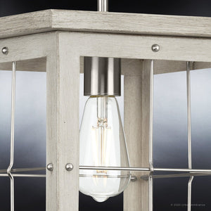 A modern farmhouse pendant with a unique metal frame and a glass bulb.