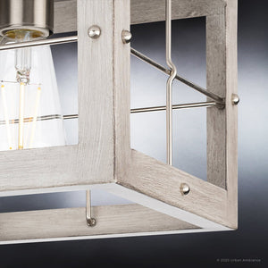 A unique, beautiful lighting fixture with a wooden frame and a light bulb.