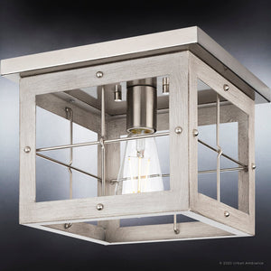A unique UHP3953 Modern Farmhouse Ceiling Light in Brushed Nickel Finish, Ballina Collection from Urban Ambiance with a square frame and a light bulb.