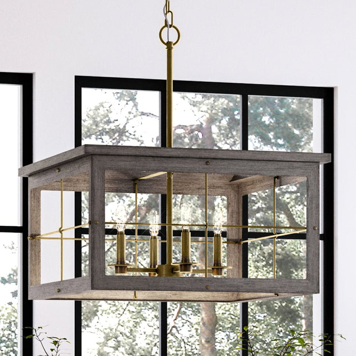 UHP3955 Modern Farmhouse Chandelier 12.75''H x 21.375''W, Distressed Brass Finish, Ballina Collection