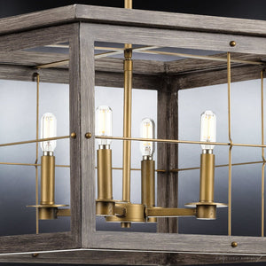 A unique lighting fixture, the Urban Ambiance UHP3955 Modern Farmhouse Chandelier 12.75''H x 21.375''W features a distressed brass finish and a