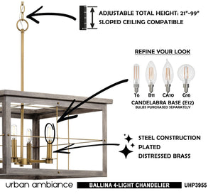 The instructions for how to install a unique lighting fixture - the UHP3955 Modern Farmhouse Chandelier 12.75''H x 21.375''W, Distressed Brass
