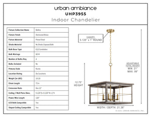 A diagram showing the dimensions of a beautiful Urban Ambiance UHP3955 Modern Farmhouse Chandelier lighting fixture.