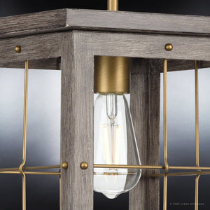 A beautiful lighting fixture, the UHP3956 Modern Farmhouse Pendant from Urban Ambiance features a wooden frame and brass bulb.