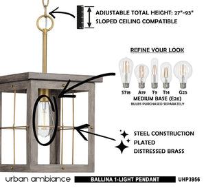 A Unique Modern Farmhouse Pendant 19.375''H x 10.375''W, Distressed Brass Finish, Ballina Collection with instructions on how to use it.