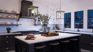 A unique and stylish black and white kitchen with UHP3956 Modern Farmhouse Pendant 19.375''H x 10.375''W from the Ballina Collection by Urban Amb