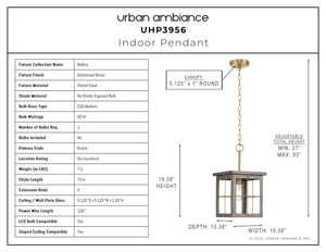 A unique pendant lamp with a luxury aesthetic, displaying the dimensions of an UHP3956 Modern Farmhouse Pendant 19.375''H x 10.375''W in a diagram.