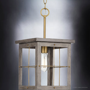 A unique and beautiful Urban Ambiance UHP3956 Modern Farmhouse Pendant with a wooden frame, featuring a distressed brass finish from the Ballina Collection.