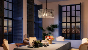 A beautiful dining room with a luxurious UHP3960 Bohemian Chandelier 13.375''H x 20.5''W, Midnight Black Finish, Taree Collection from Urban