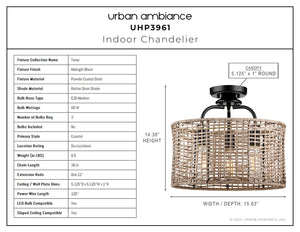 A diagram showing the dimensions of a unique and gorgeous Urban Ambiance UHP3961 Bohemian Chandelier 14.375''H x 15.625''W, Midnight Black Finish,