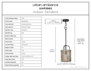 A diagram showing the dimensions of a beautiful indoor pendant light.
