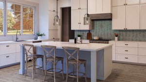 A kitchen with unique Urban Ambiance lighting fixtures and white cabinets.