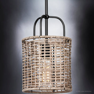 An Urban Ambiance Taree Collection light fixture with a unique wicker basket hanging from it.