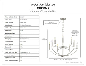 A beautiful diagram showcasing the dimensions of the Urban Ambiance UHP3970 Modern Farmhouse Chandelier 27''H x 28''W, Brushed Nickel Finish, Armidale Collection.