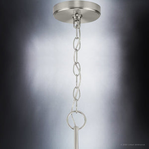 A beautiful and luxurious UHP3970 Modern Farmhouse Chandelier with a Brushed Nickel Finish from Urban Ambiance, featuring a chain hanging from it.