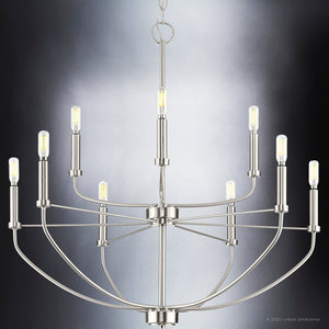 An UHP3970 Modern Farmhouse Chandelier 27''H x 28''W, Brushed Nickel Finish, Armidale Collection with a chrome finish, made by Urban Amb