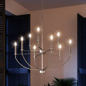 An UHP3970 Modern Farmhouse Chandelier 27''H x 28''W, Brushed Nickel Finish in a room with shutters.