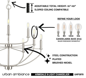 A diagram illustrating the assembly process of the luxurious UHP3970 Modern Farmhouse Chandelier from the Armidale Collection by Urban Ambiance.