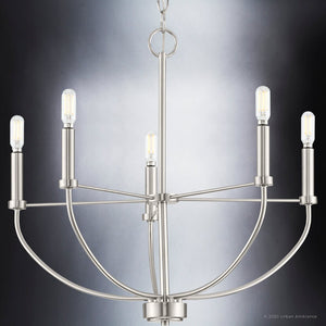 A gorgeous UHP3971 Modern Farmhouse Chandelier 20''H x 22.375''W, Brushed Nickel Finish, Armidale Collection with a chrome finish by Urban Ambiance