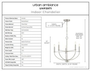 A beautiful chandelier showcasing the unique dimensions of the UHP3971 Modern Farmhouse Chandelier.