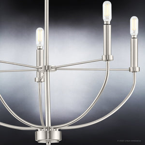 An UHP3971 Modern Farmhouse Chandelier with four unique lights on a black background.