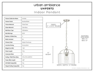A beautiful diagram showing the dimensions of the UHP3972 Modern Farmhouse Pendant 13''H x 13''W, Brushed Nickel Finish lighting fixture.