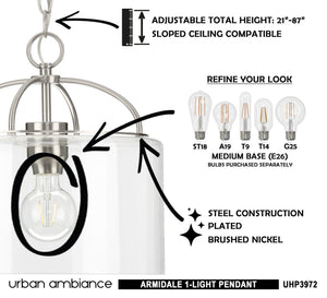 A diagram showing how to install a gorgeous UHP3972 Modern Farmhouse Pendant 13''H x 13''W lighting fixture in Brushed Nickel Finish from the Armidale Collection