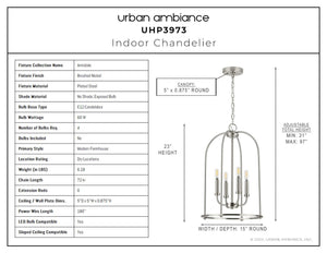 A diagram of the dimensions of the Urban Ambiance UHP3973 Modern Farmhouse Chandelier, a beautiful and gorgeous 23''H x 15''W lamp with a brushed nickel finish from
