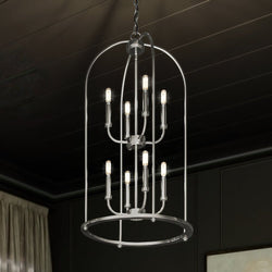 An UHP3974 Modern Farmhouse Chandelier with six lights hanging from the ceiling, exhibiting a beautiful lighting fixture.