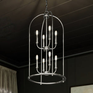 An UHP3974 Modern Farmhouse Chandelier with six lights hanging from the ceiling, exhibiting a beautiful lighting fixture.