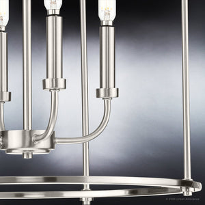 A unique UHP3974 Modern Farmhouse Chandelier with a brushed nickel finish from the Armidale Collection by Urban Ambiance.