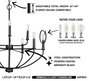 An image of a UHP3975 Modern Farmhouse Chandelier 27''H x 28''W, Midnight Black Finish, Armidale Collection by Urban Ambiance with instructions on how to