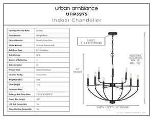 A diagram showing the dimensions of a beautiful Urban Ambiance UHP3975 Modern Farmhouse Chandelier.