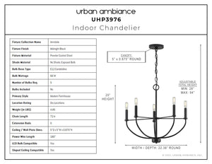 A diagram showcasing the dimensions of the unique UHP3976 Modern Farmhouse Chandelier 20''H x 22.375''W, Midnight Black Finish, Armidale Collection by