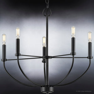 An UHP3976 unique Modern Farmhouse lamp, Midnight Black Finish, Armidale Collection by Urban Ambiance with four candle lights.