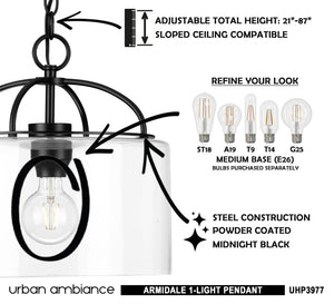 A beautiful and unique lamp image of the UHP3977 Modern Farmhouse Pendant with instructions on how to use it.